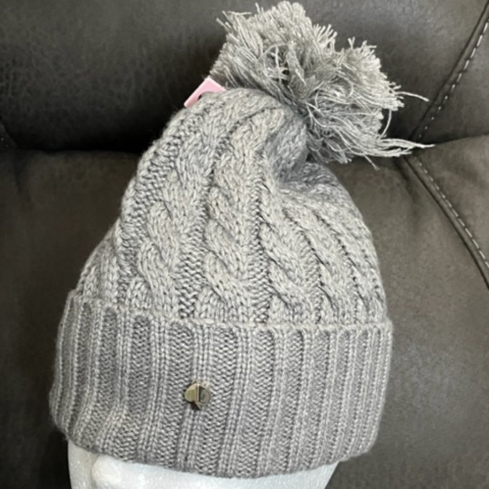 Kate Spade New York Gray Cable Knit Pom Pom Hat Beanie Cap